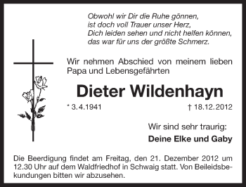 Traueranzeige von Dieter Wildenhayn von Pegnitz-Zeitung